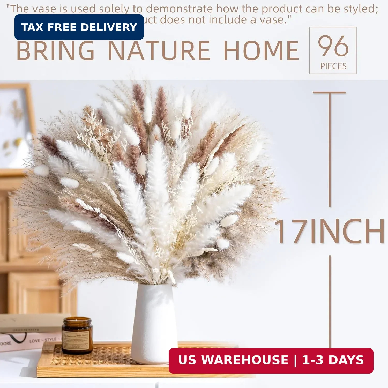 96PCS Natural Dried Pampas Grass Boho Home Decor Bouquet Phragmites Dried Flower
