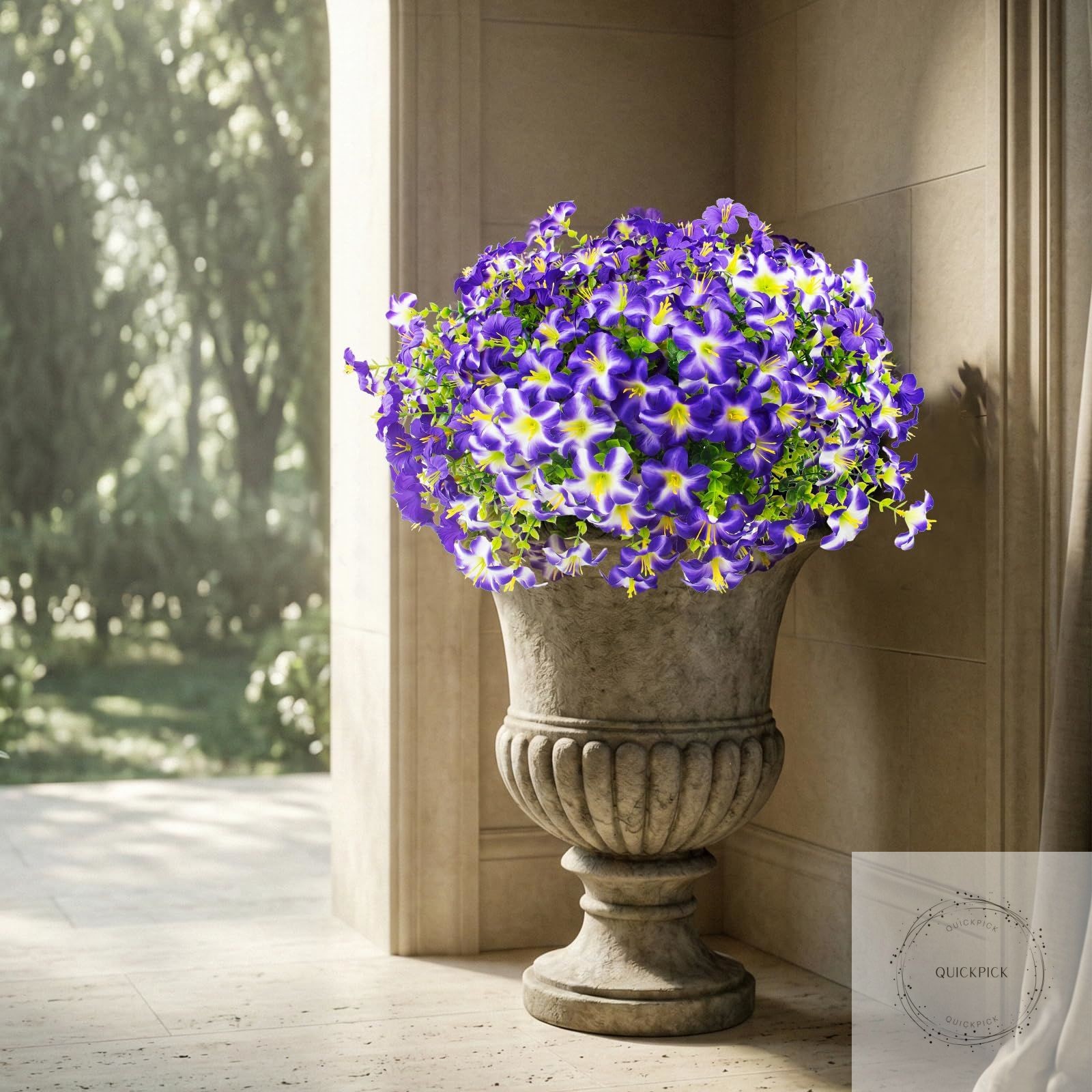 16 Pcs Faux Petunias Artificial Flowers for Outdoors, UV Resistant Fake Purple