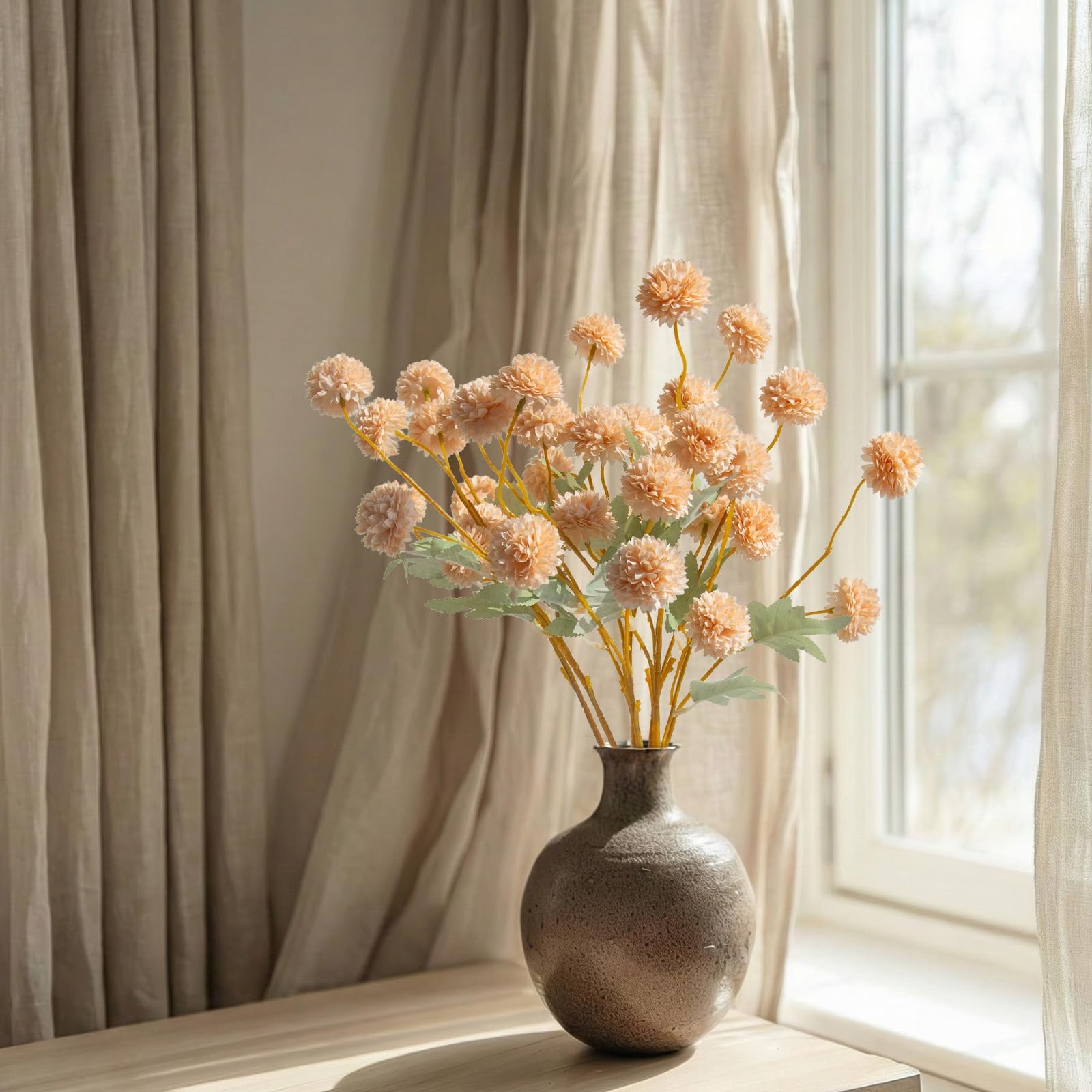 12 Pcs Artificial Chrysanthemum Flowers Beige Kiku Pom Pom Mums Faux Floral Fall