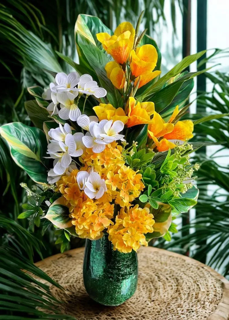 Tropical Floral Arrangement: Yellow & Green Beach House Decor, Table Centerpiece