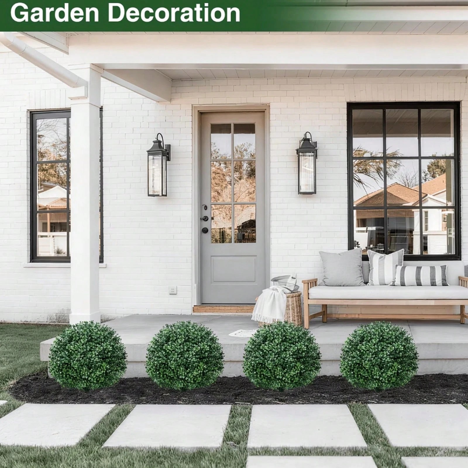 2 Pack Artificial Boxwood Topiary Ball UV Resistant Faux Shrubs Ground Stakes