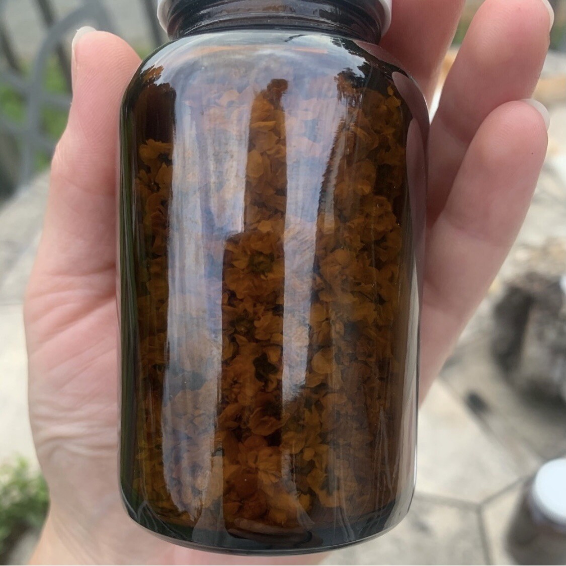 Handmade Floral Decor Centerpiece Amber Glass Bottle Dried Flowers Cottagecore