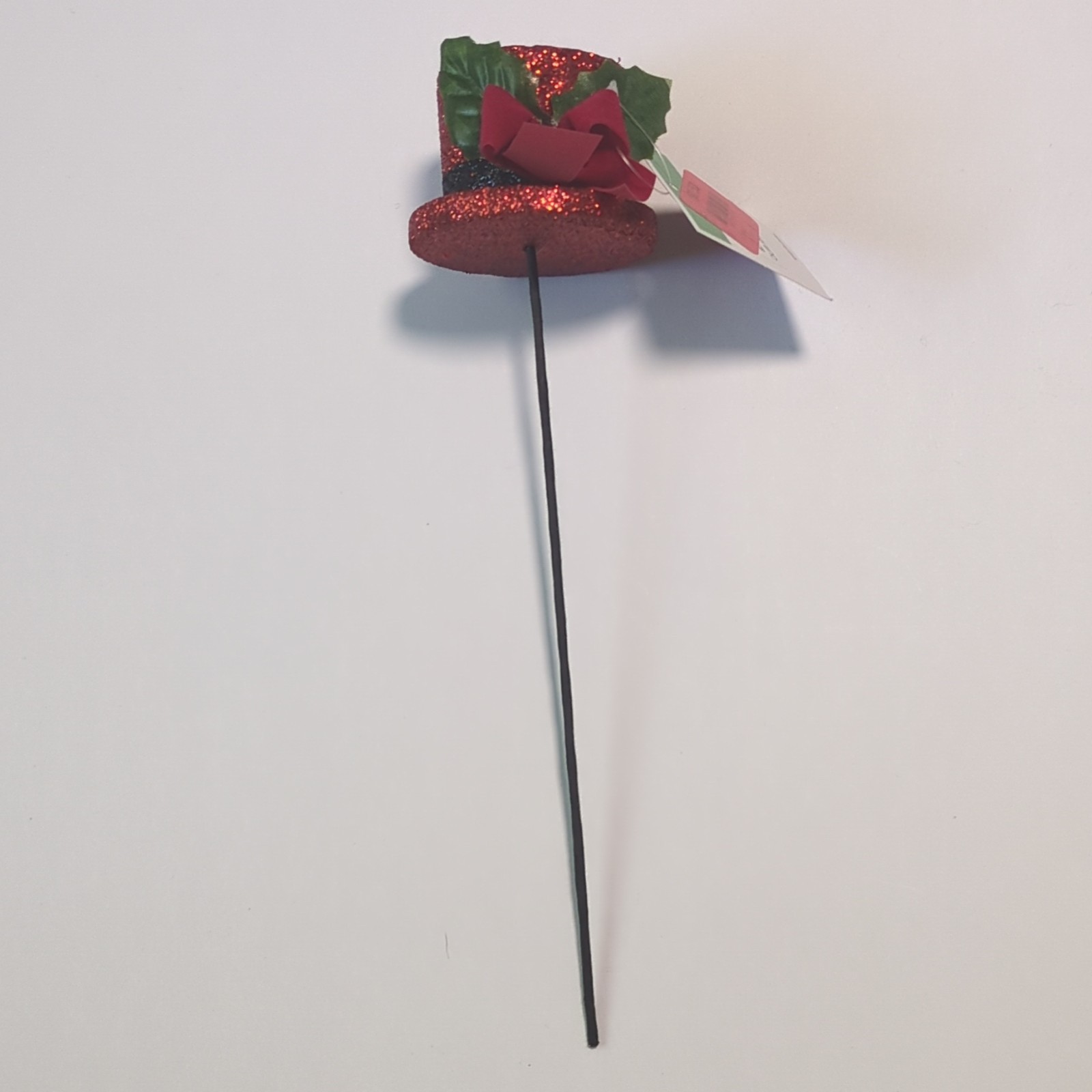 Red Glitter Top Hat Flower Stem with Holly Leaves Bow Christmas Door Decoration