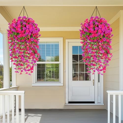 2 Packs Look Real Artificial Flowers for Outdoors, 2 packs Fuchsia+rose Red