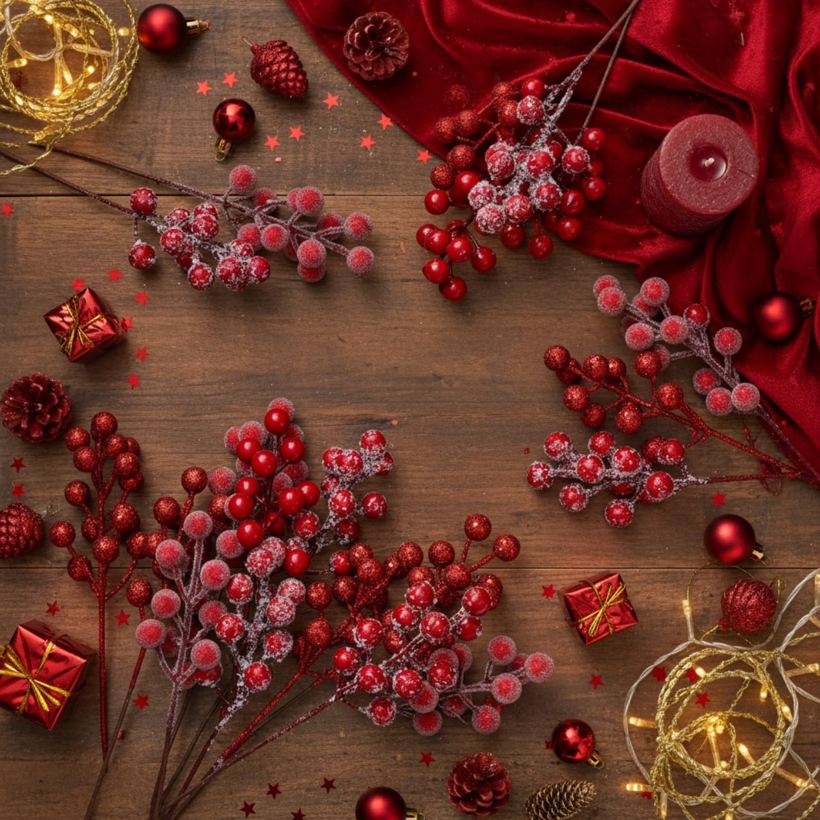 40 Pcs 9.8 Inch Red Valentine’s Day Artificial Holly Berry Picks Stems Set, 4…