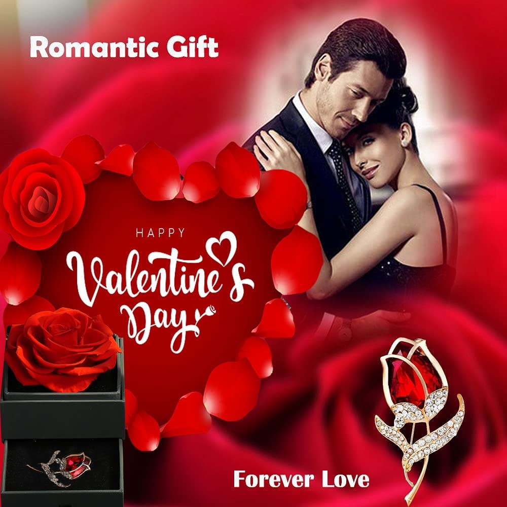 SWEETIME Preserved Red Rose Gift Box Enchanted Real Roses with Ruby Brooch, E…