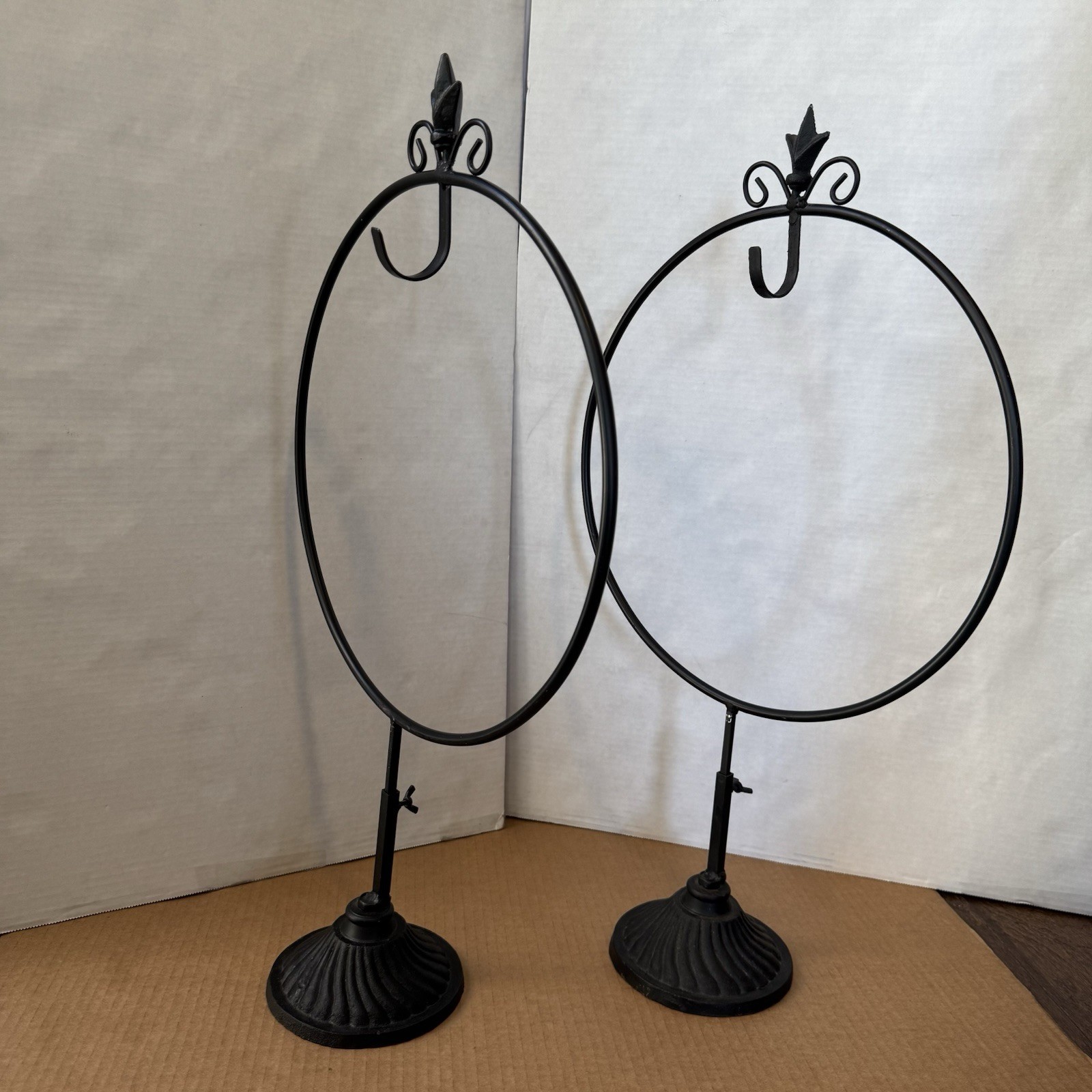 WREATH HOOK STAND Adjustable Height Free Standing Wrought Iron set of 2