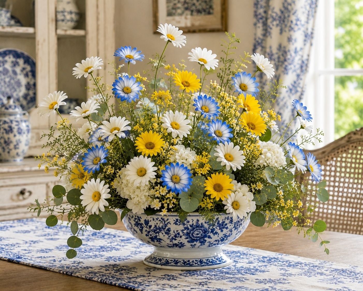 Mixed Color Artificial Daisy Stems Set of 7, Blue White Yellow Faux Silk Flowers