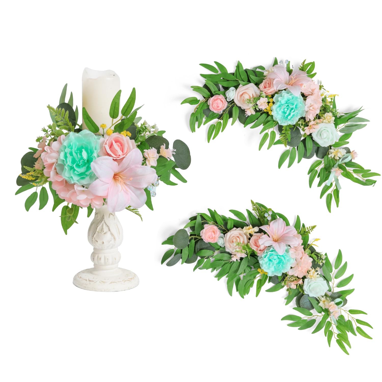2pcs Artificial Flowers Candelabras Decoration, Mint Green & Pink Floral Swag…