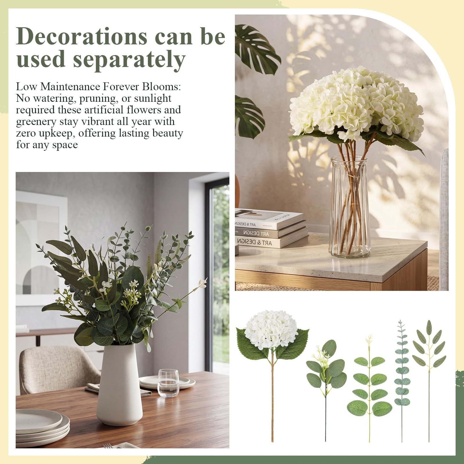 56 Pcs White Hydrangea Artificial Flowers and 4 Kinds Mixed Eucalyptus Leaves…