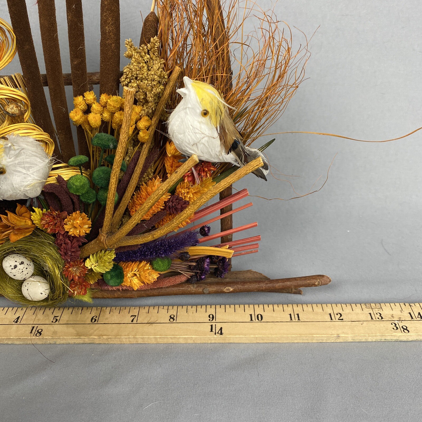 Vtg Dried Flower Birds Wall Hanging Wreath CatTails Twigs Boho Cottage 10×12