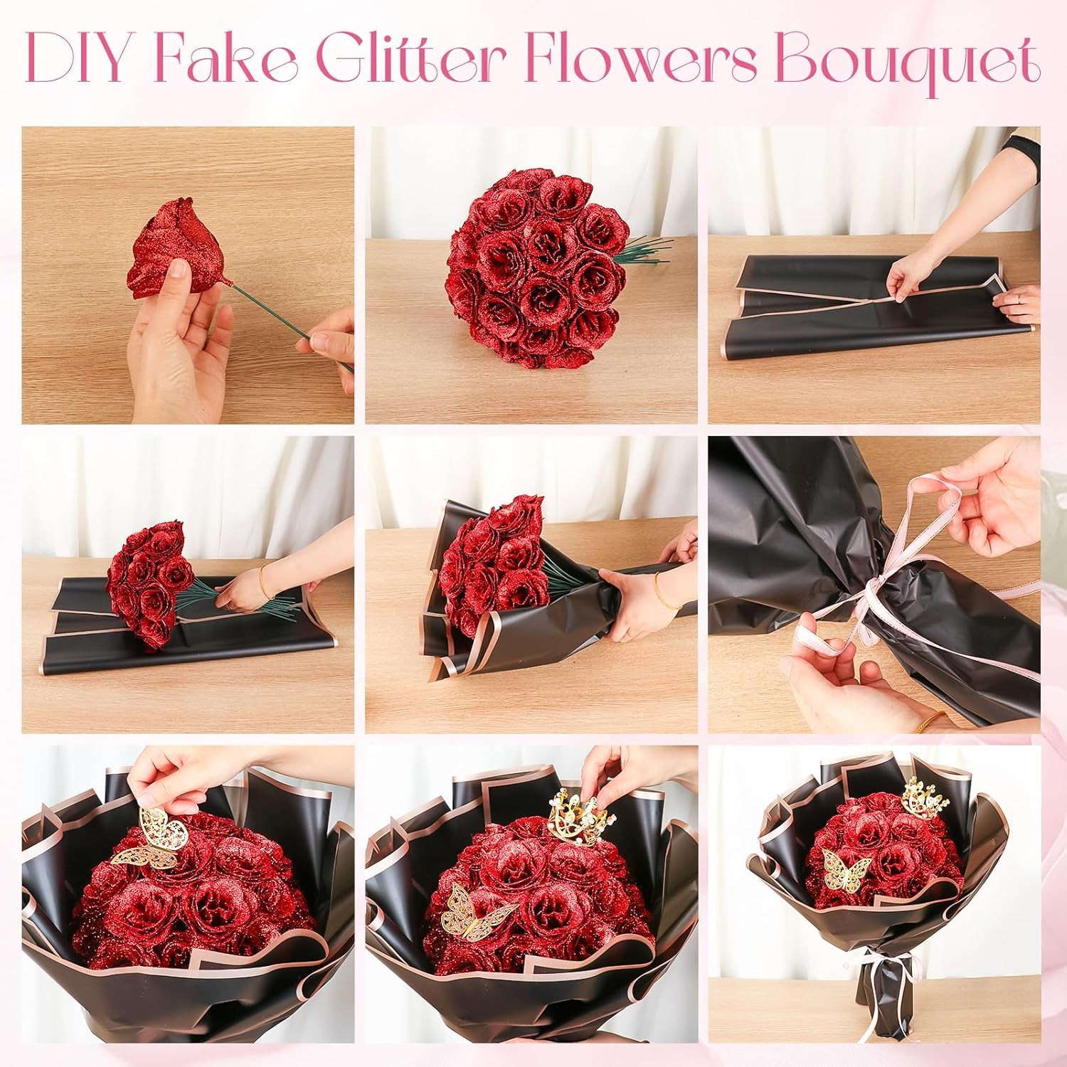 Glitter Roses Bouquet, 24 Roses DIY Fake Glitter Flowers Bouquet, Everlasting…