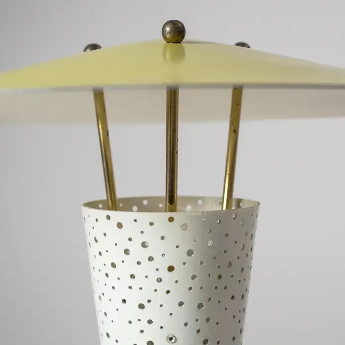 Mid-Century Modern Tripod Table Lamp – Perforated Metal Cone & Yellow UF