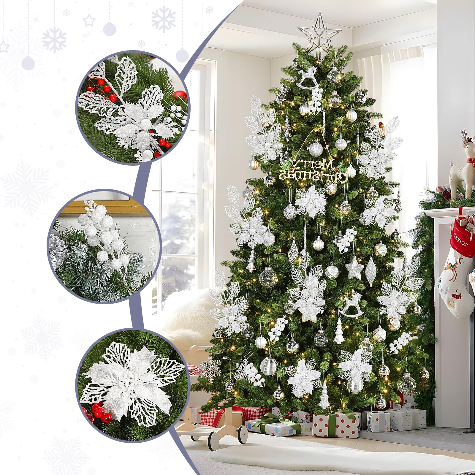 24 PCS Christmas Tree Decorations, 12 PCS Poinsettia Flowers Artificial+6 PCS…