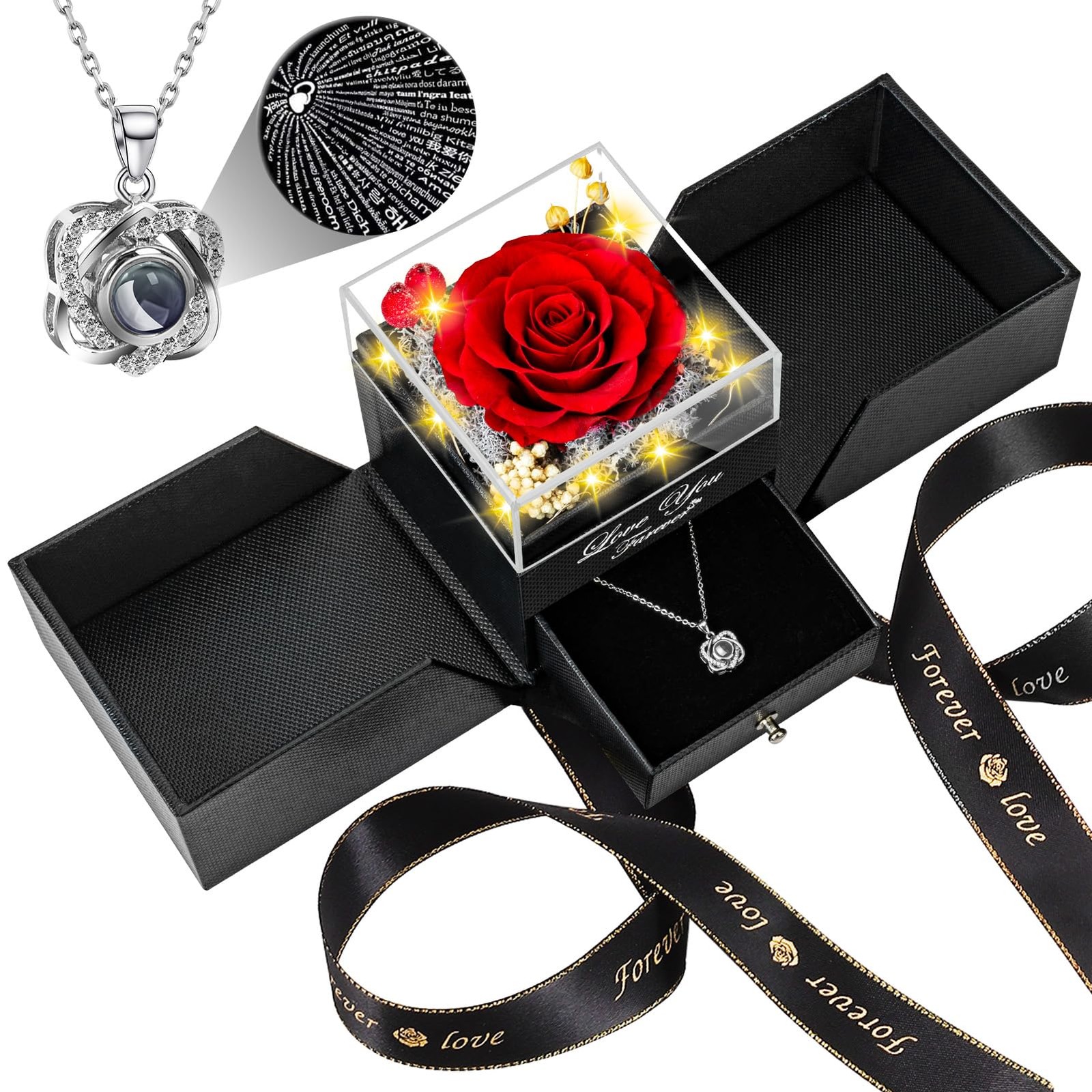 Preserved Red Real Rose with Heart I Love You Necklace -Eternal Flowers Rose …