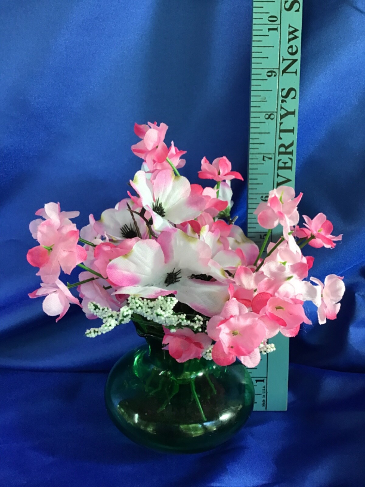 Vintage Small Green Vase with Pink & White Artificial Flower Arrangement