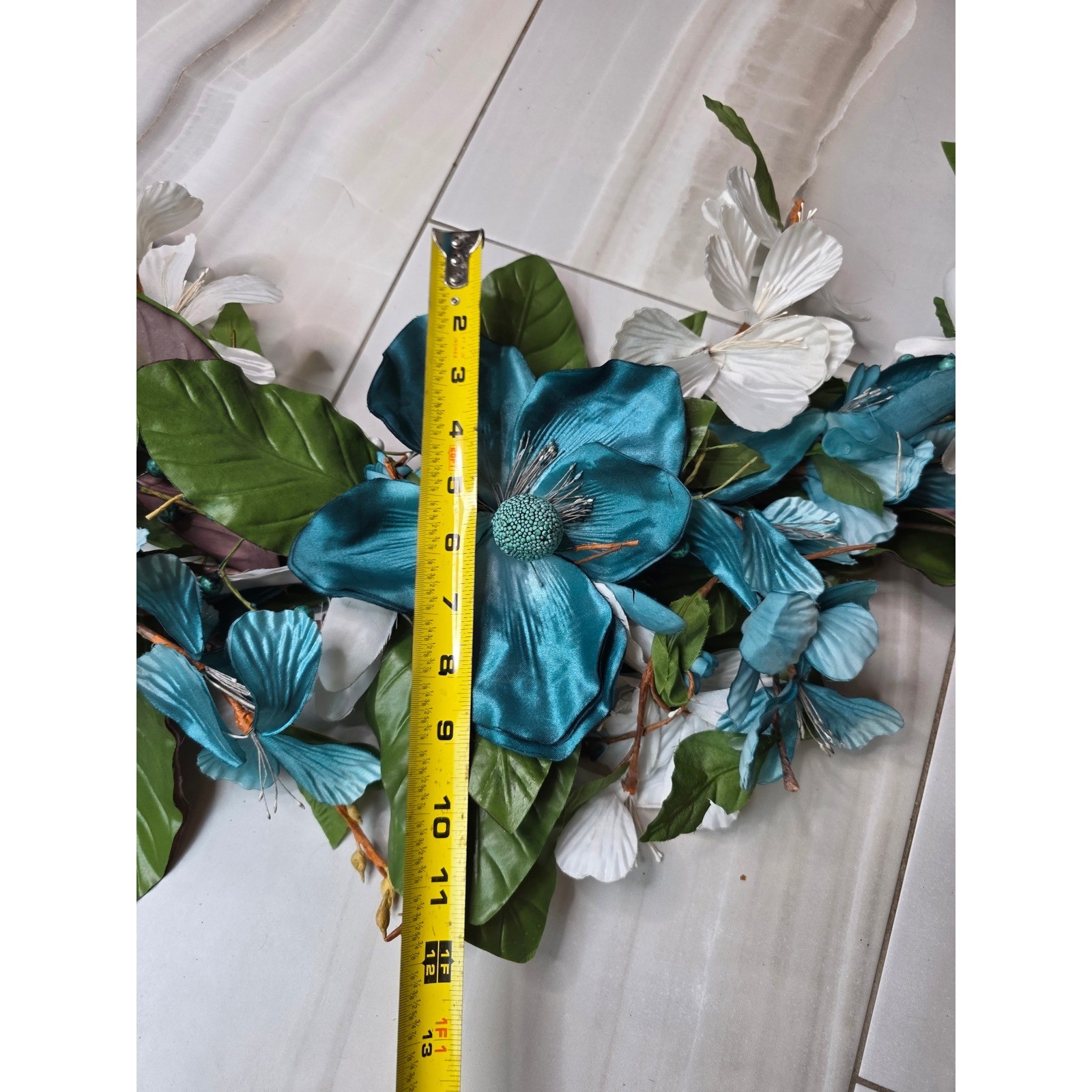 Large Teal & White Floral Wall Decor Metal Flower Wall Art 37″ Wide