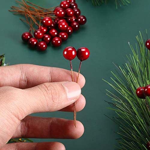 Artificial Holly Berries, 100 Pieces Mini 10 mm Fake Berries Decor on Wine Red