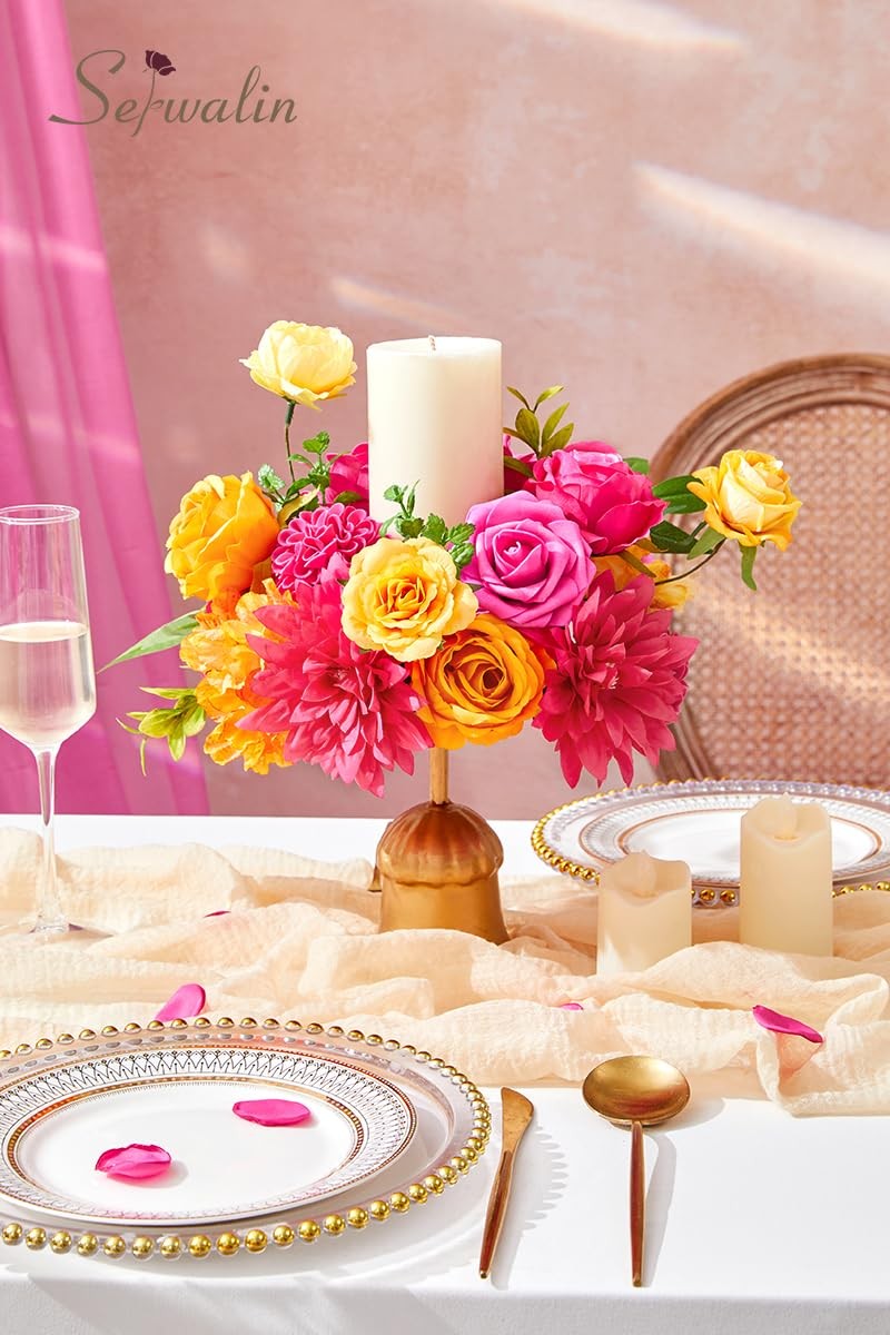 Artificial Fake Silk Flowers Hot Pink Orange DIY Wedding Bouquets Party Decor