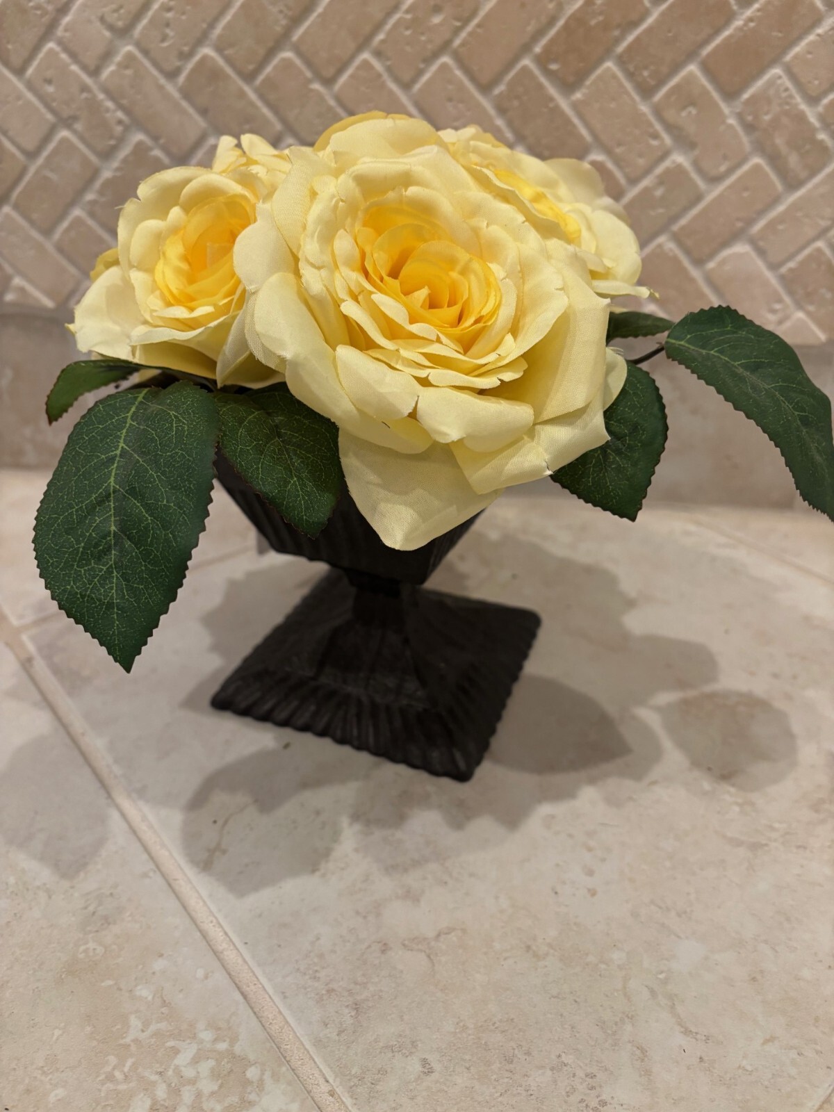 Silk Yellow Roses Faux Flower Arrangement Bronze Pedestal Metal Vase