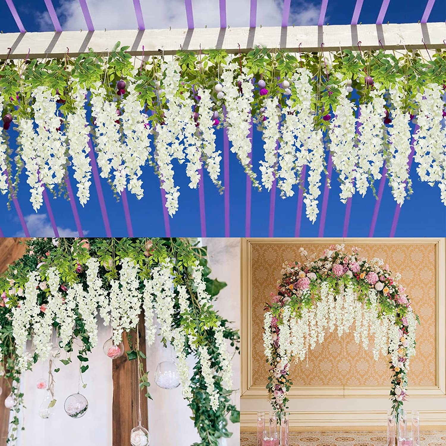24pcs Artificial Wisteria Vine Hanging Flower Wedding Garden Colorful 3.6 Feet