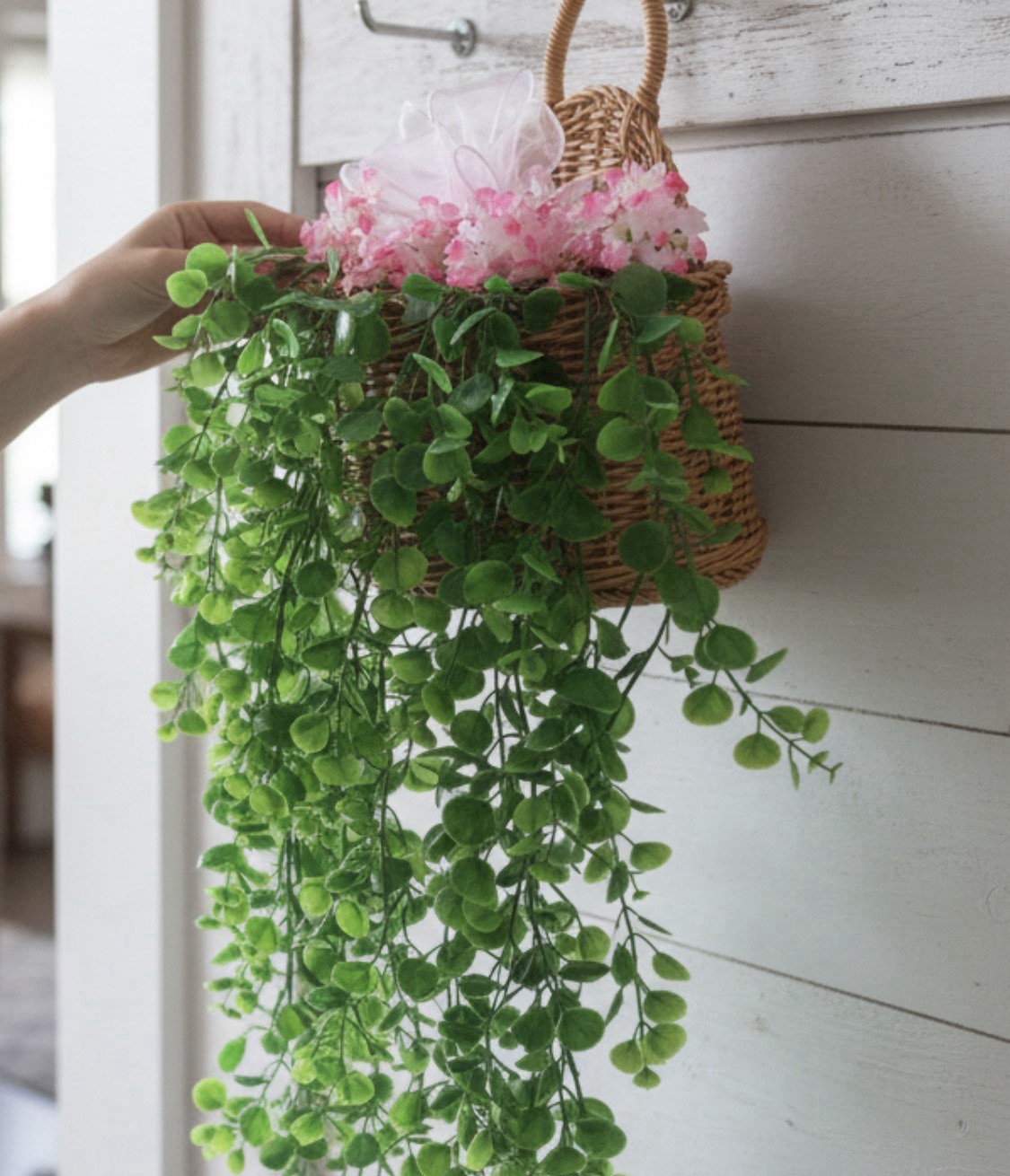 Artificial Ivy Hanging Arrangement with Green Pink Accents Wall Decor