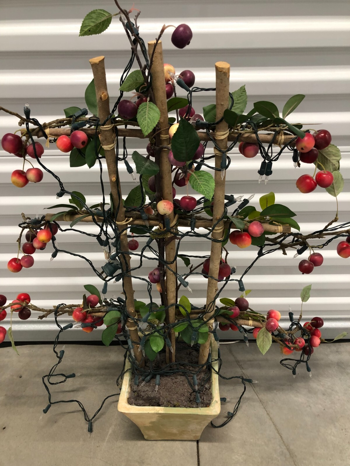 Lighted Faux Crabapple Tree on Bamboo Trellis, Decor Artificial Plant & Fruits