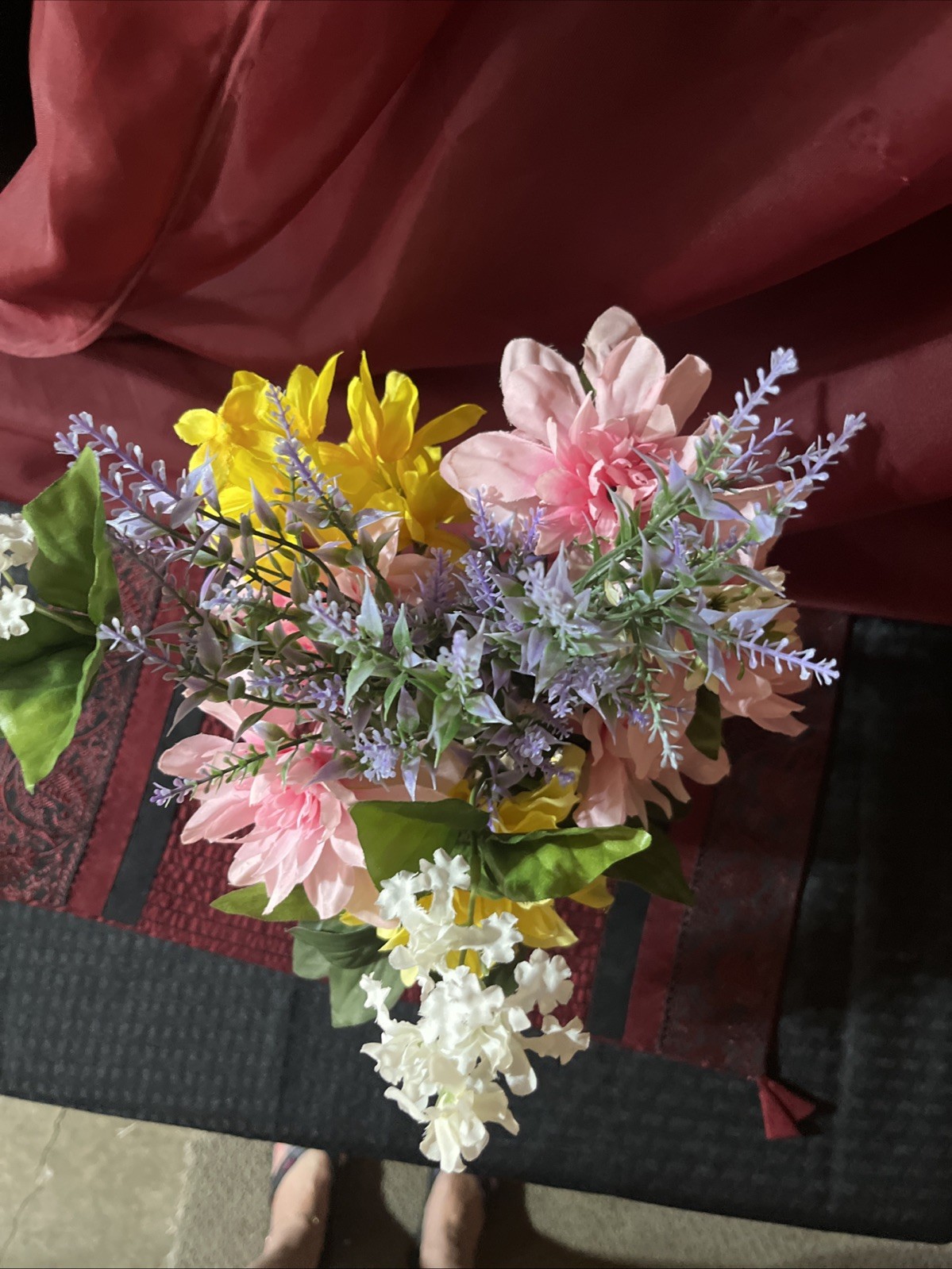 Beautiful Silk Floral Arrangement And An Oblong Square Vintage Glass Vase