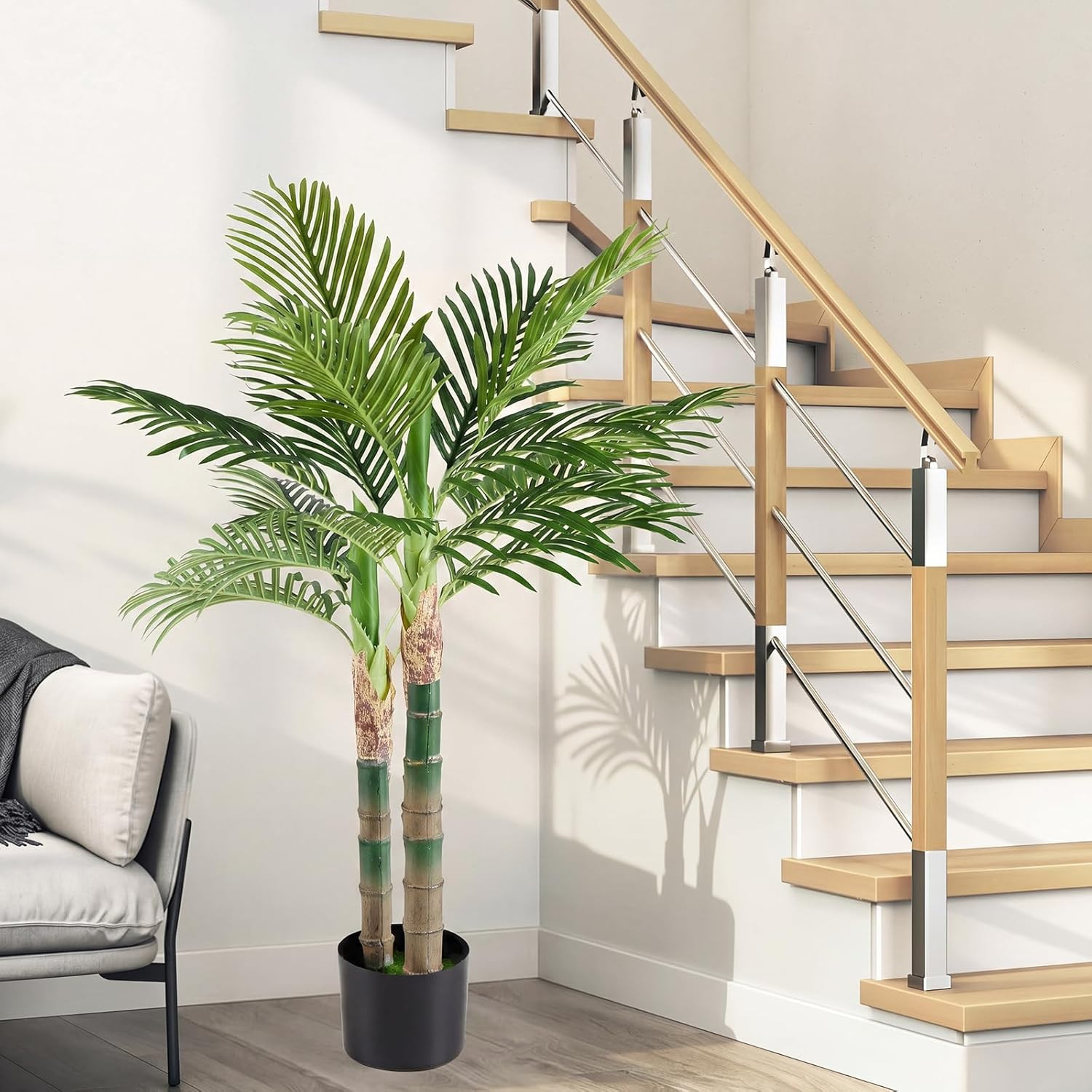 47In Artificial Palm Tree, Tall Fake Faux Plants with Indoor Lifelike Leaves Bla