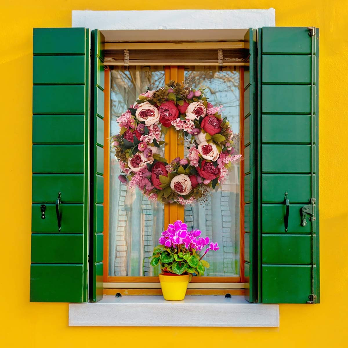Artificial Peony Flower Wreath 19Inch Vintage Blooming Silk Peonies Spring Summe
