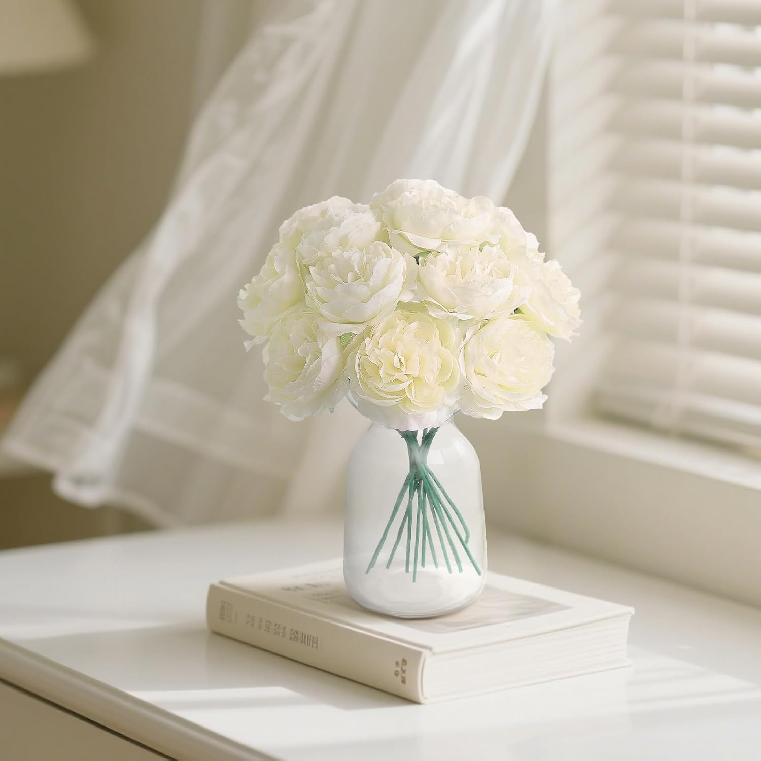12 PCS Artificial Silk Ivory Peony Flowers with Stems – 8 Inch Fake Peony Bou…