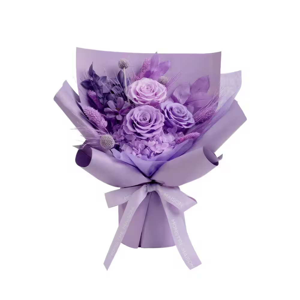 13.4 In. Purple Artificial Preserved Rose Bouquet-Includes Gift Box and Greeting