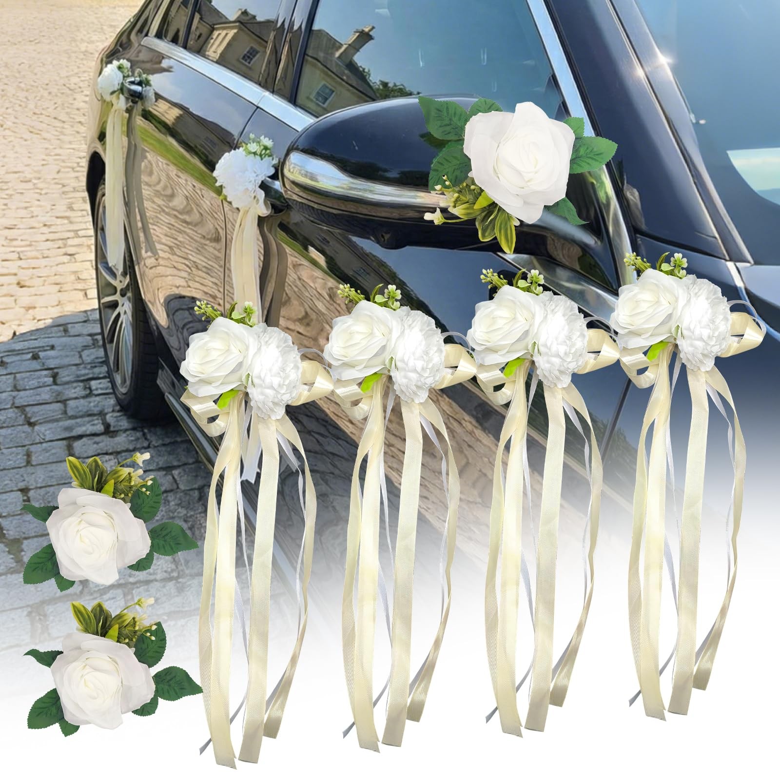 6 PCS White Rose Peony Wedding Car Decoration Kit Floral Door Handle Mirror