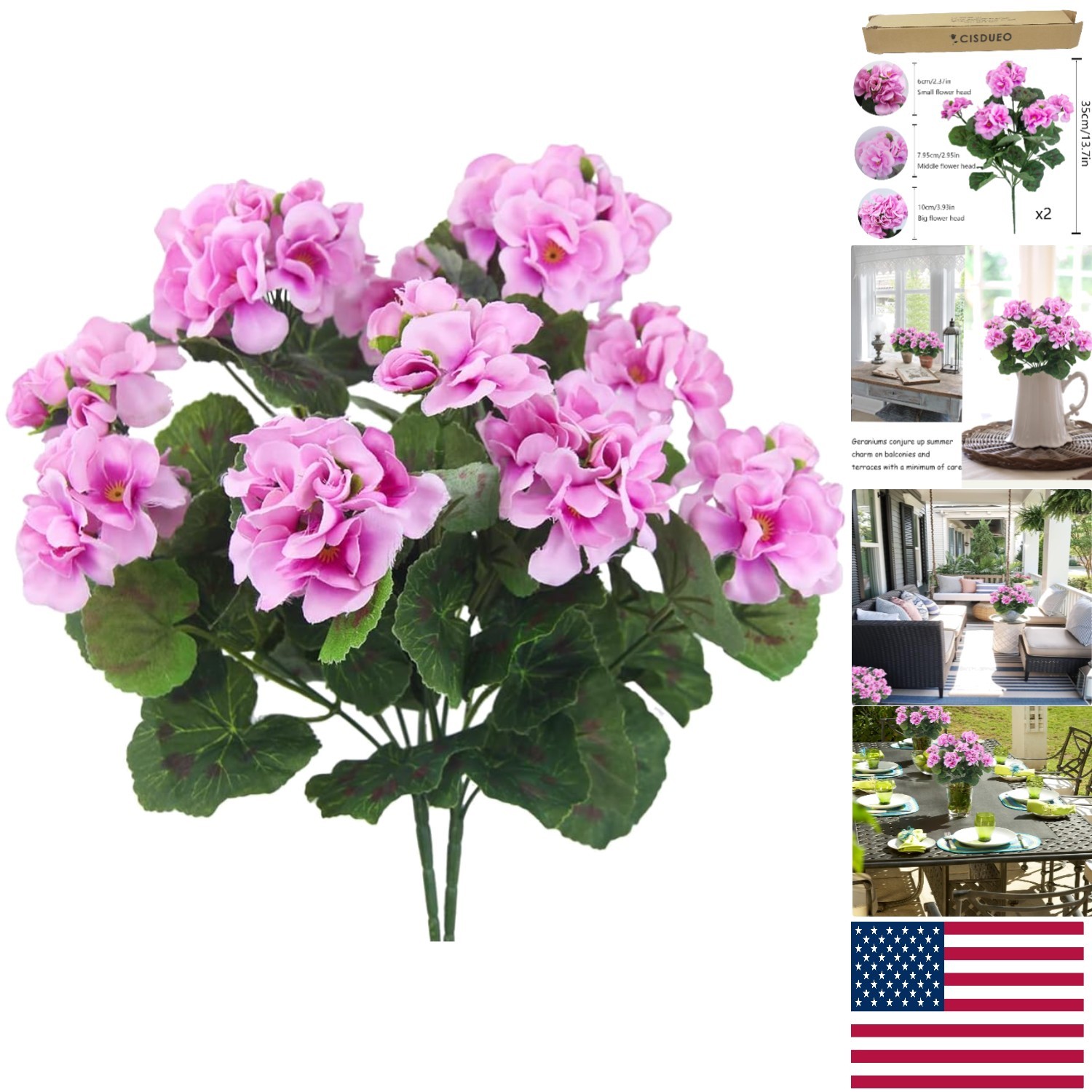 2 Pcs Fluffy Pink Geraniums – UV Resistant Faux Flowers for Garden & Patio Charm
