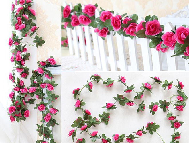 4 Pcs Artificial Rose Red Small Flowers Vine Wall Wedding Garland (90″ each)