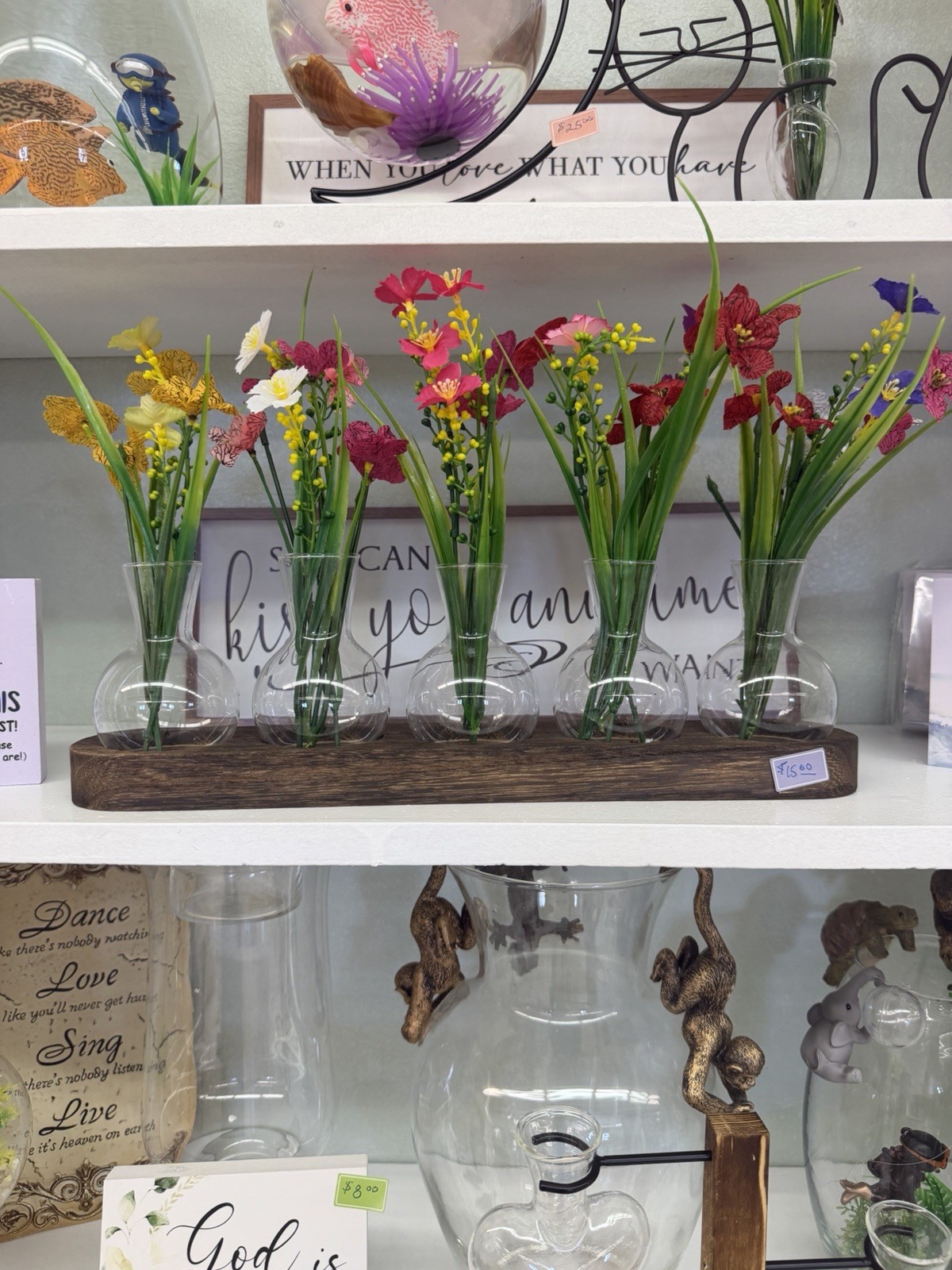 Artificial Multicolor Wildflower Centerpiece, 5 Glass Bud Vases Wood Base