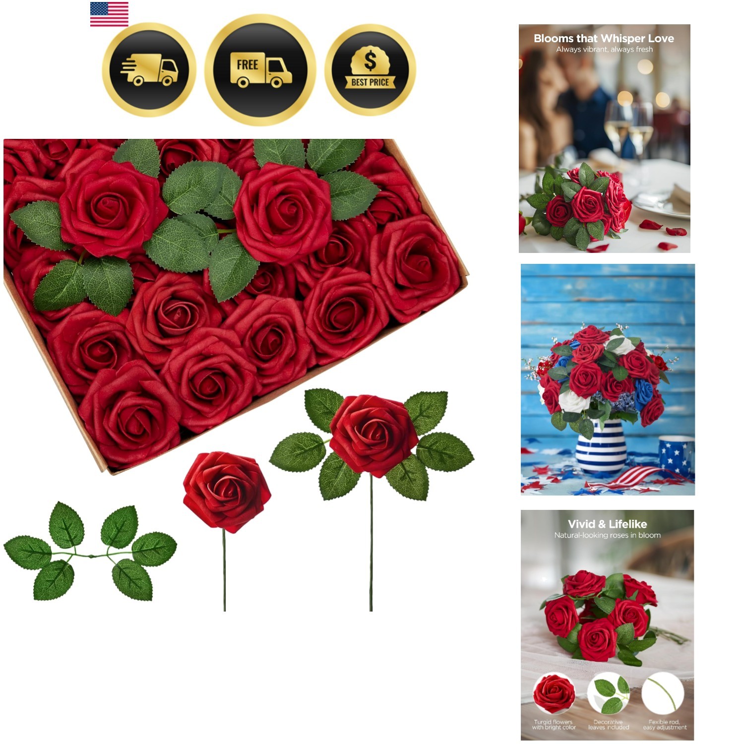 Artificial Flowers, 50 Pcs Dark Red Foam Fake Roses Bulk with Stems for Mothe…