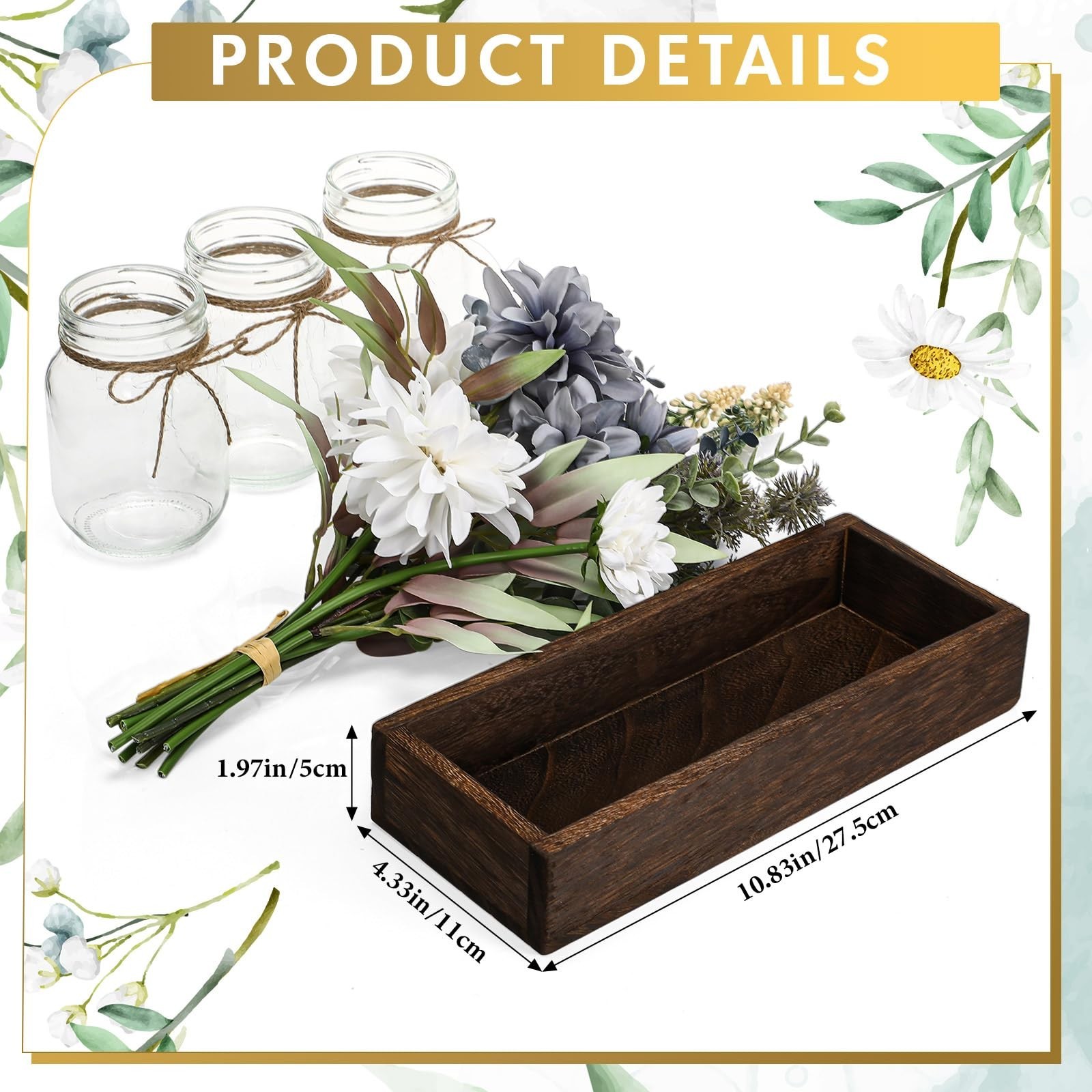 3 Pcs Rustic Mason Jar Centerpiece Decor, Artificial Blue Flowers & Wood Tray, S
