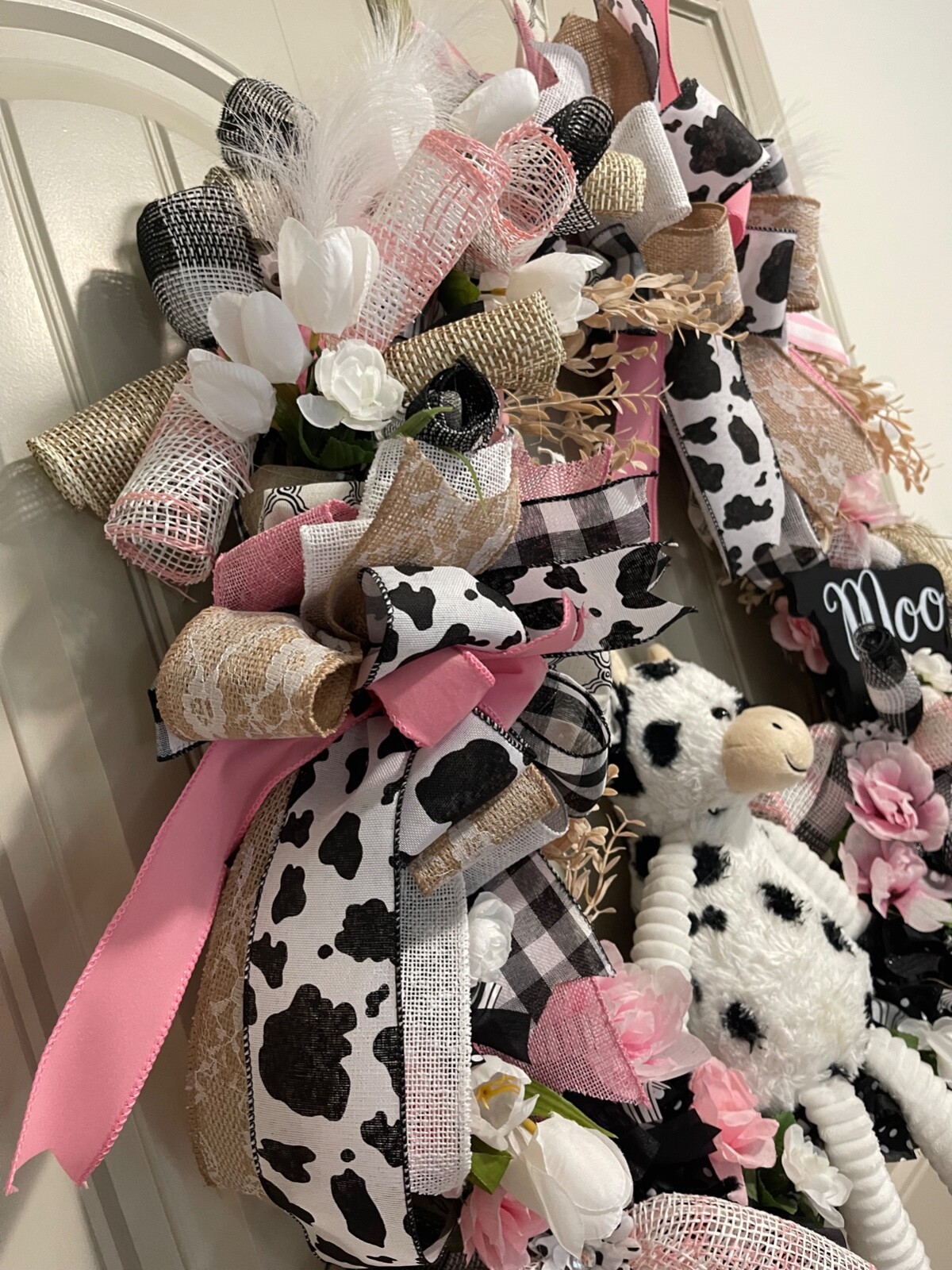 Farm MOO Cow floral mesh grapevine wreath by Taylormadecustombows 32x28x7″