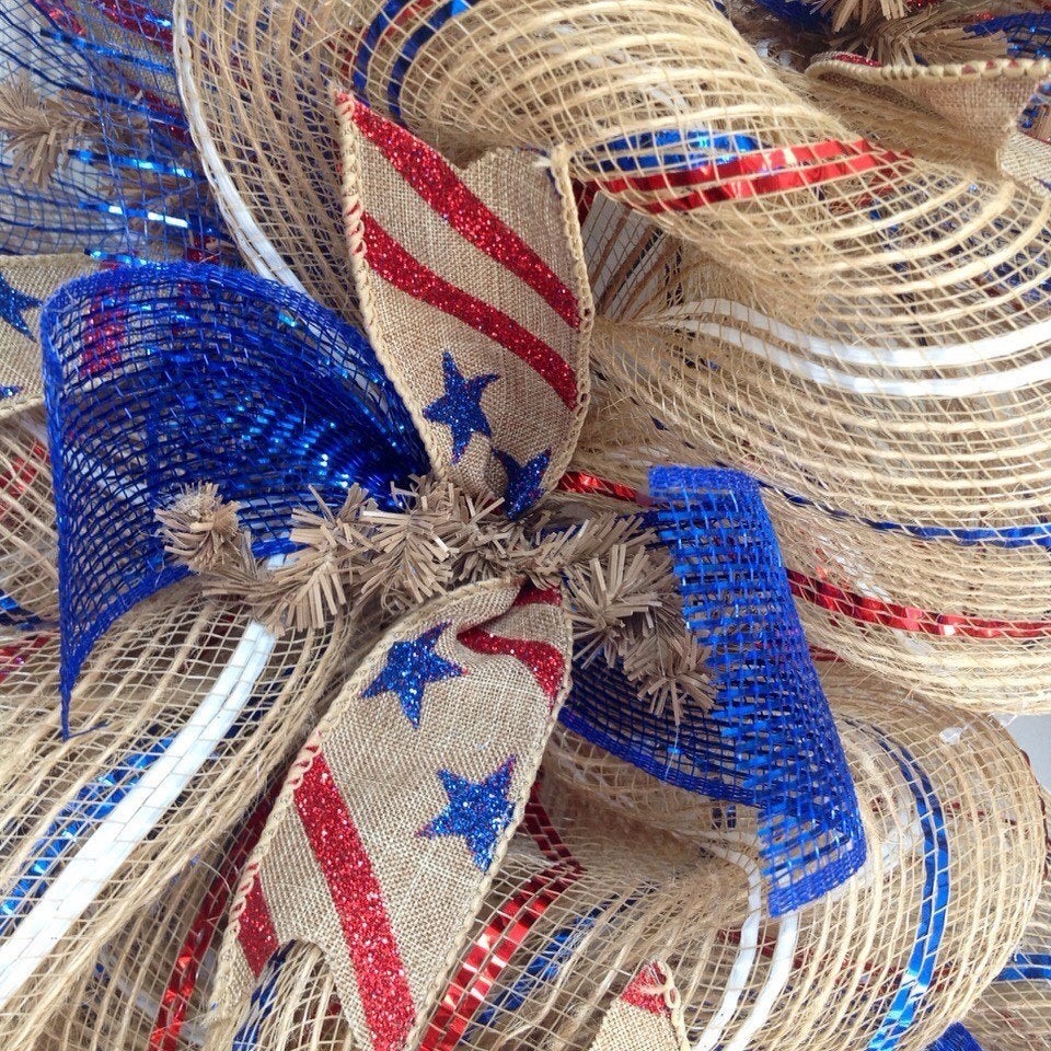 Burlap Striped Patriotic Ribbon Wreath Handmade Deco Mesh