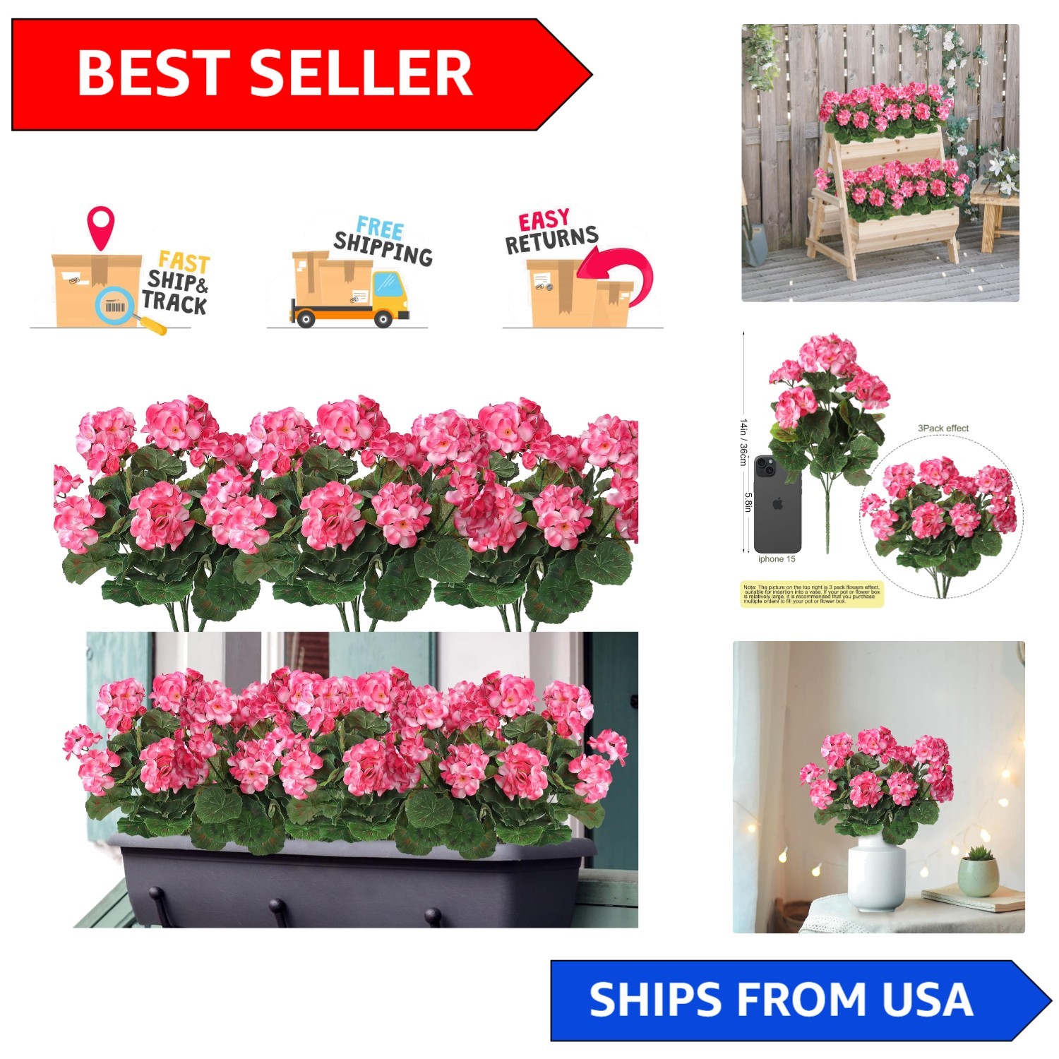 Authentic-Looking 3-Pack Faux Geraniums for Effortless Indoor/Outdoor Styling