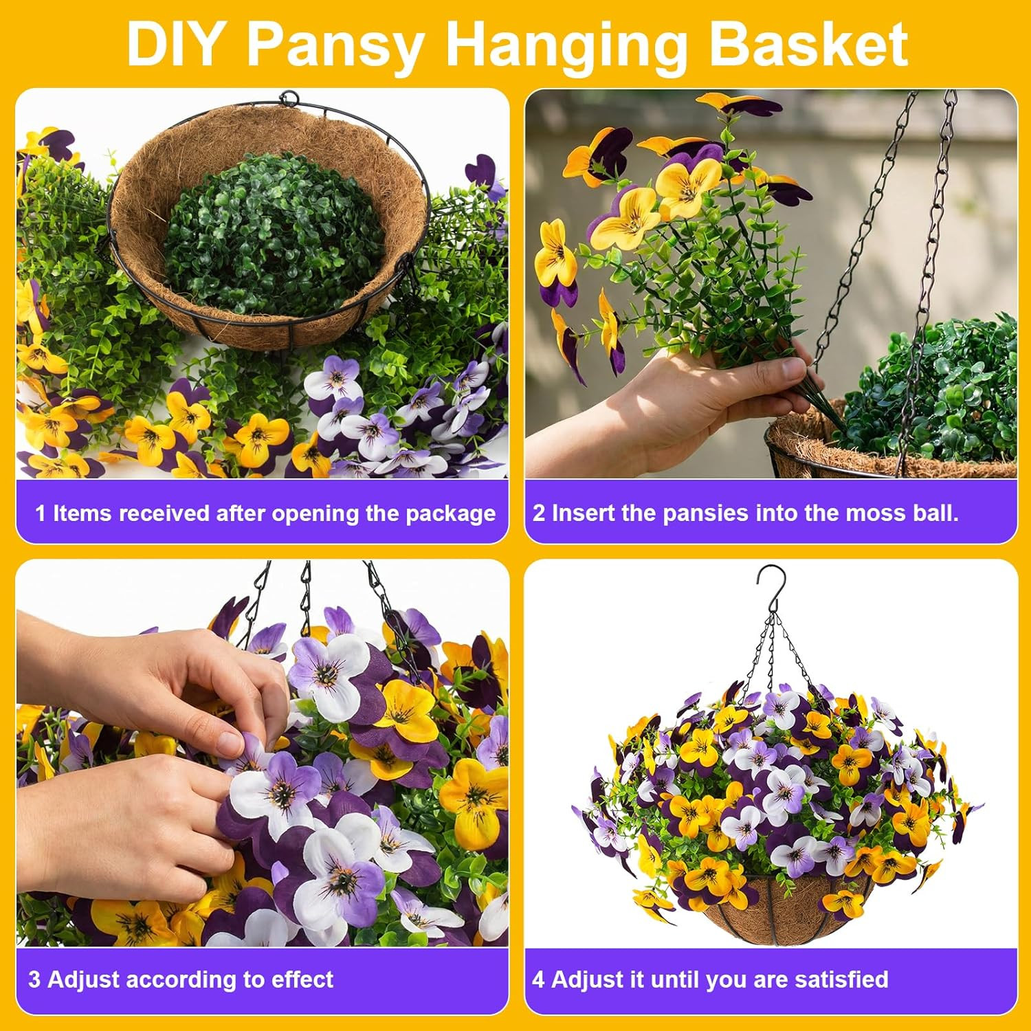 2 Set Artificial Outdoor Pansy Flowers with Hanging Baskets, 2 Hanging Baskets w