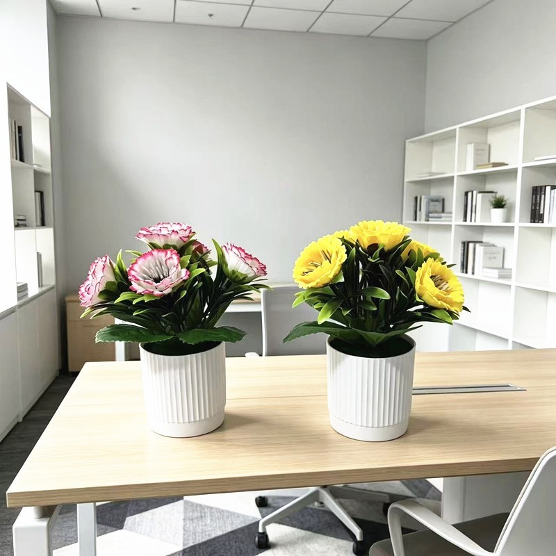 For Home Decor Faux Peony Daisy in Slim Ribbed White Pot for Small Area Styling