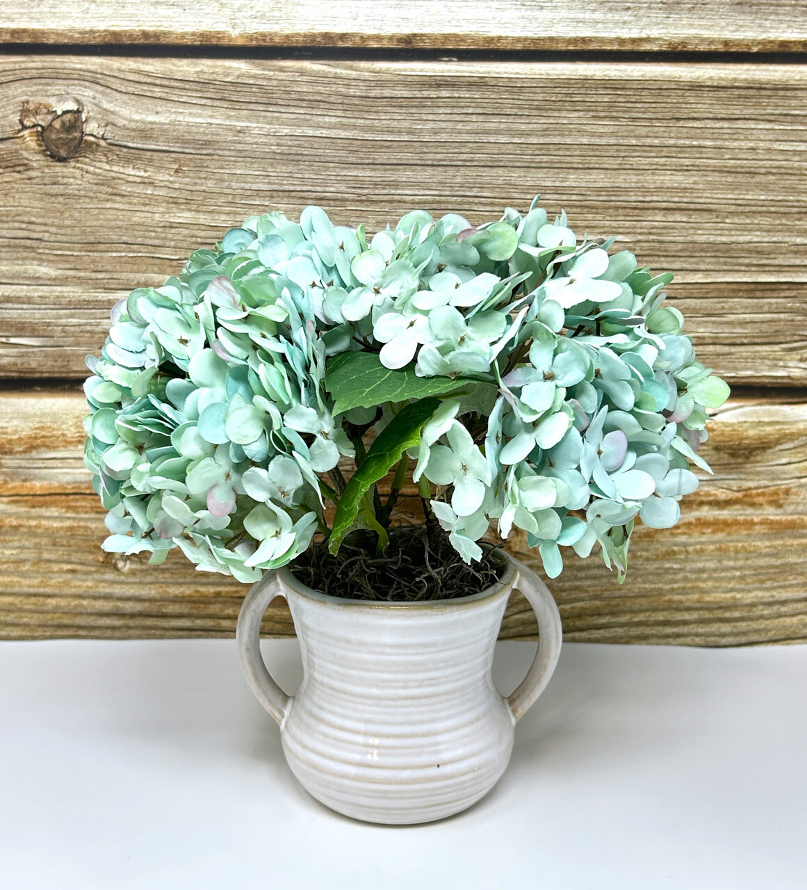 9″ Small Artificial Blue-Green Turquoise HYDRANGEA faux Silk flowers in White 2-