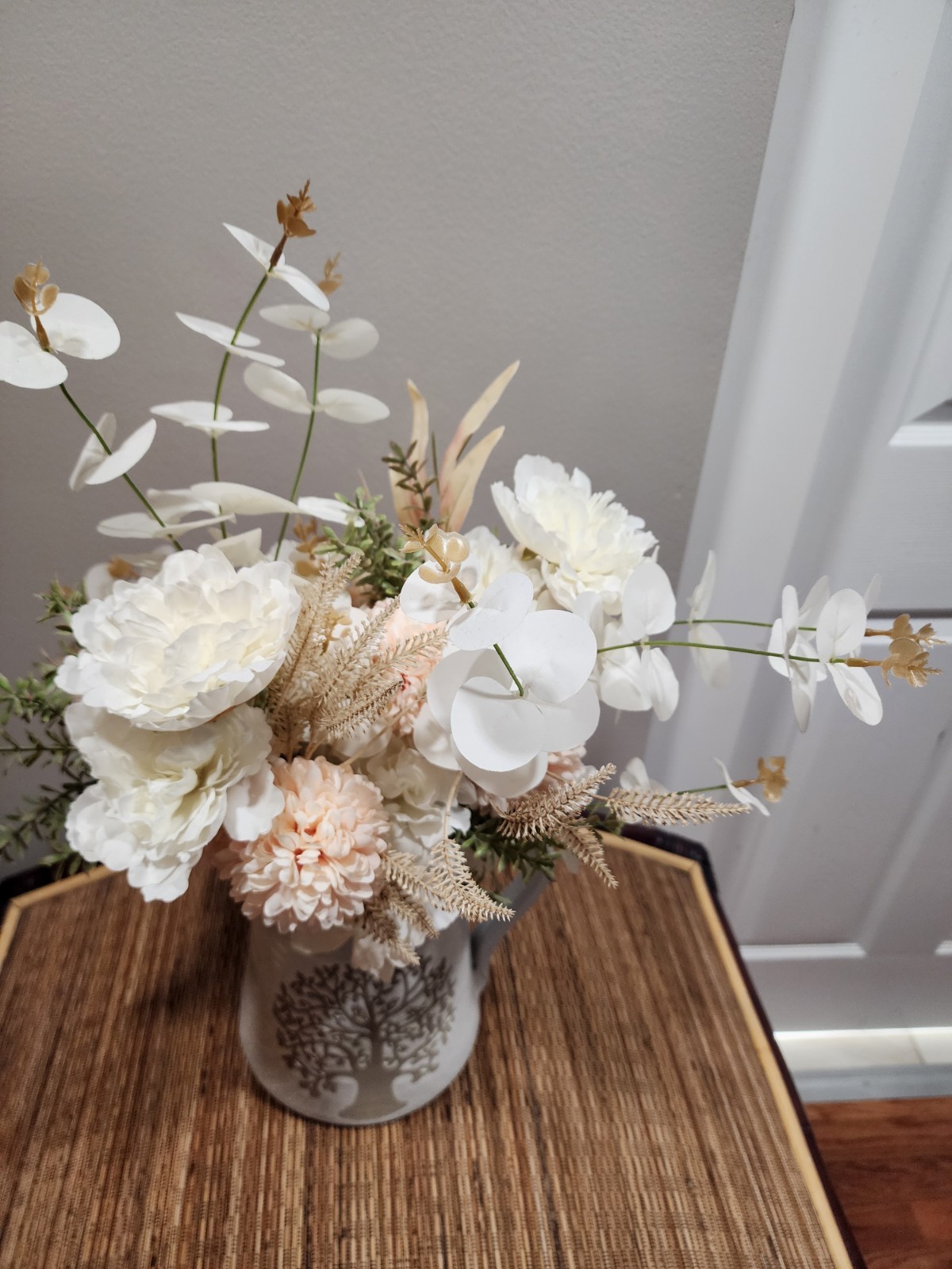 Gorgeoue Handmade Flower Arrangement in Ceramic Vase Pitcher Peach And White