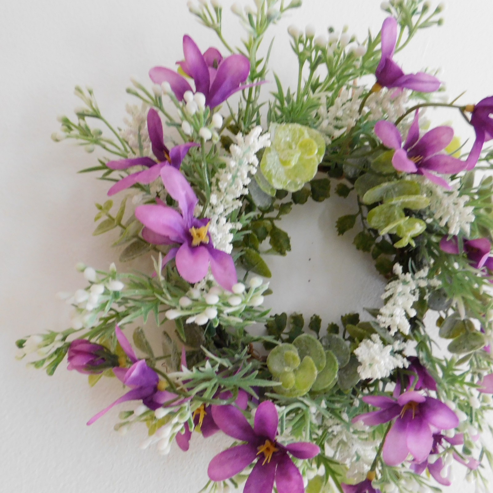 Dusty Miller Mini Wreath Eucalyptus Purple Flowers Candle Ring