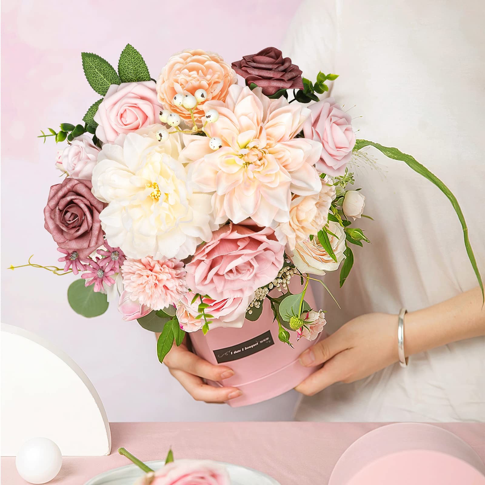Blush Champagne Artificial Flowers Combo Silk Mix Peony Rose Fake Flowers w/S…