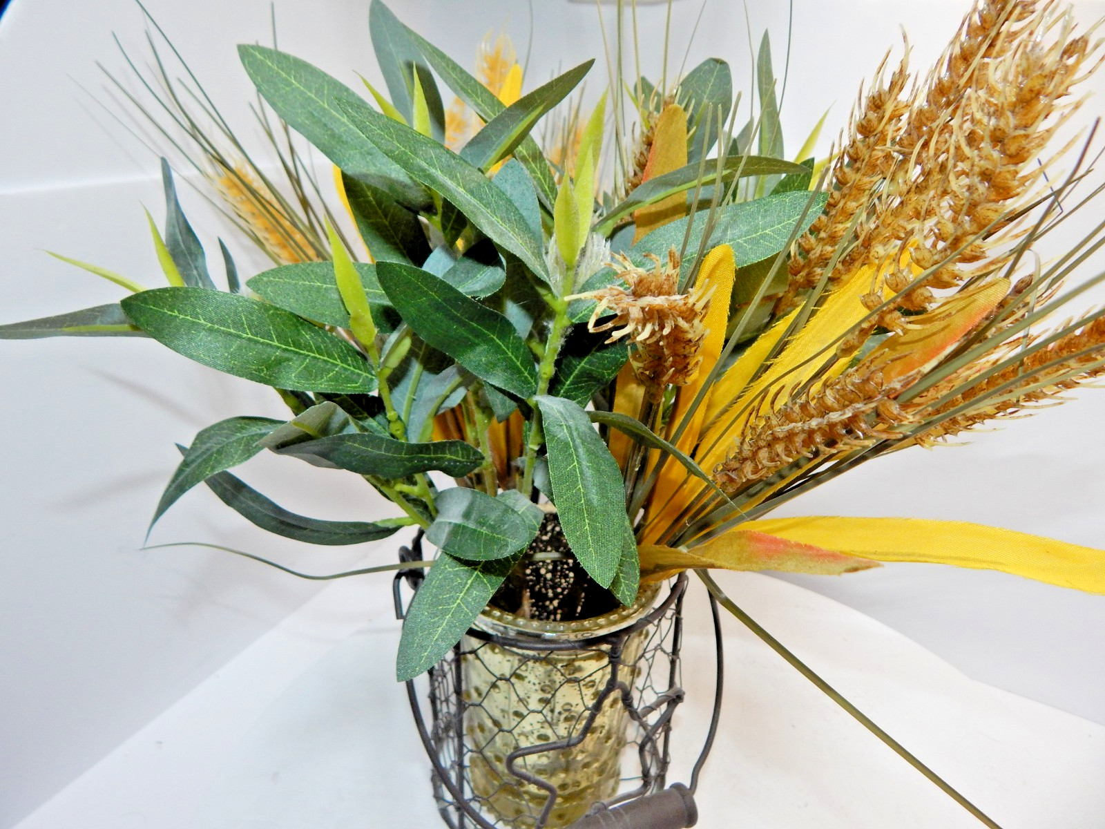 Bouquet Mix Artificial Fall Foilage ripened wheat grains stems glass wire basket