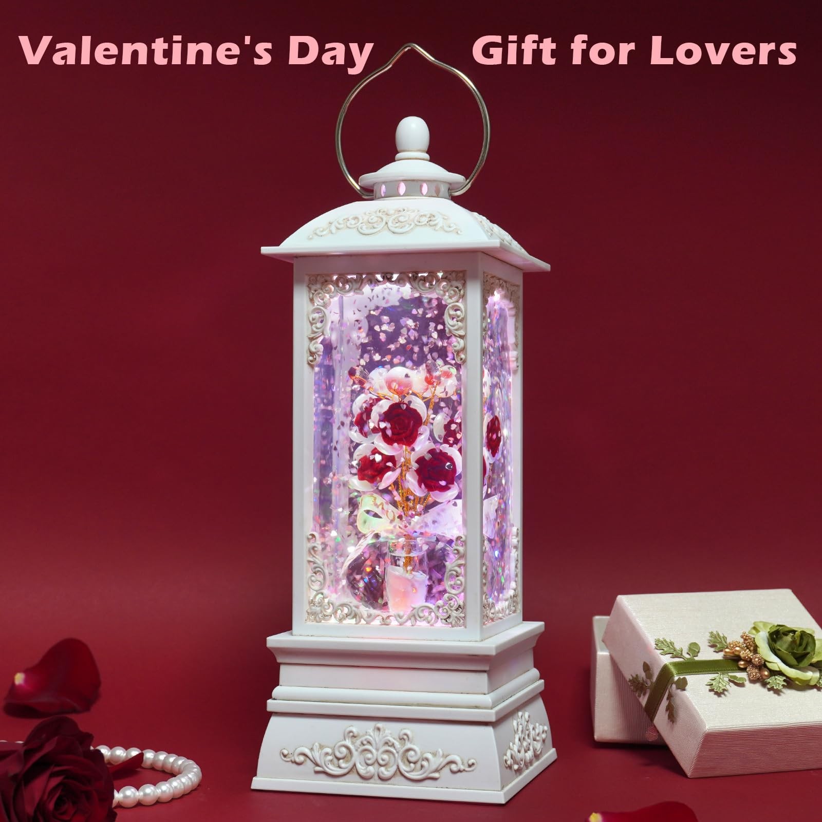 Red Rose Flower Snow Globe Lantern with RGB Color Changing Lights, Music & 6 …