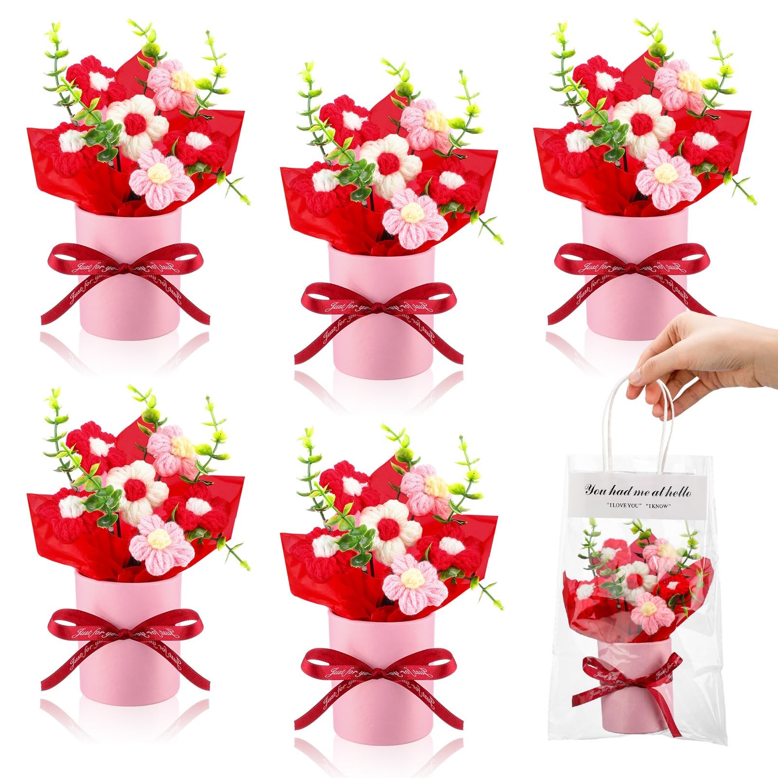 6 PCS 4.7×5.9 Inch Red Crochet Puff Flowers Potted Plant Knitted Bouquet Desk